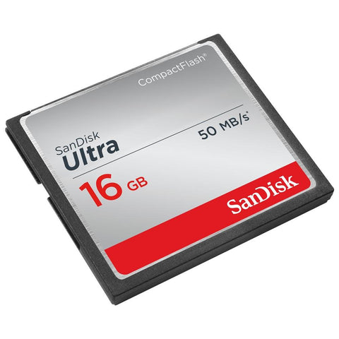 SanDisk Ultra CompactFlash 16GB 50MB/s, zilver met rood, voorkant met opschrift 16GB Ultra