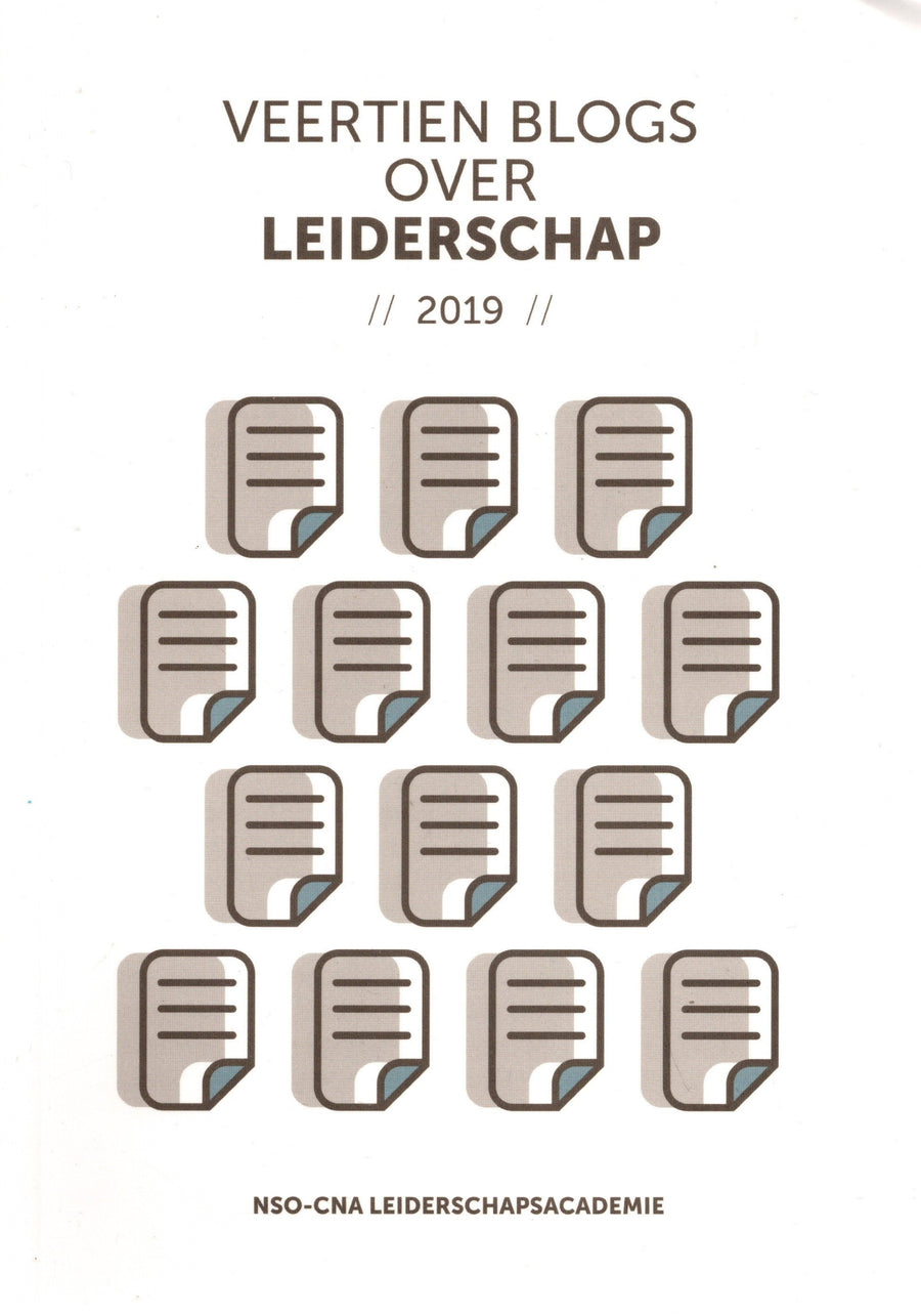 Veertien blogs over leiderschap 2019, NSO-CNA Leiderschapsacademie, witte omslag met veertien documenticonen, tweedehands