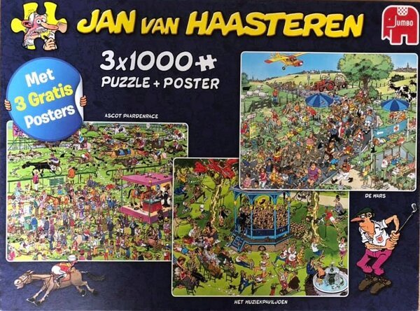 Jan van Haasteren-Ascot Paardenrace + Het Muziekpaviljoen + De Mars - 3x1000 Stukjes - Puzzel (Met 3 posters) Tweedehands