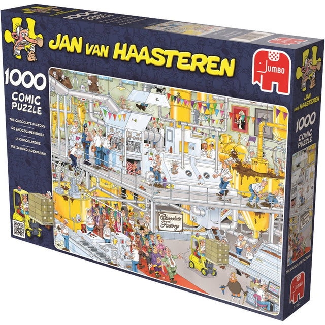 Jan van Haasteren De Chocoladefabriek puzzel 1000 stukjes, doos schuin van voren met een drukke fabriekshal, tweedehands