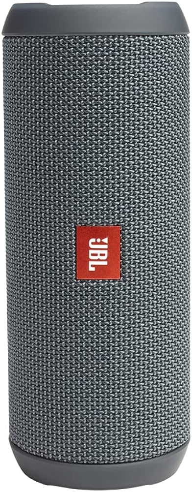 JBL Essential draagbare bluetooth speaker, grijs-zwart, staand vooraanzicht