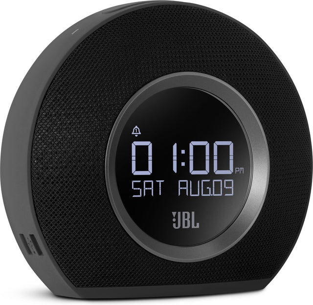 JBL Horizon bluetooth wekkerradio, zwart, voorkant met display en JBL-logo
