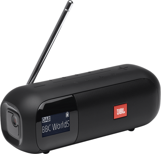 JBL Tuner 2 draagbare DAB+ radio met bluetooth, zwart, vooraanzicht met antenne en display