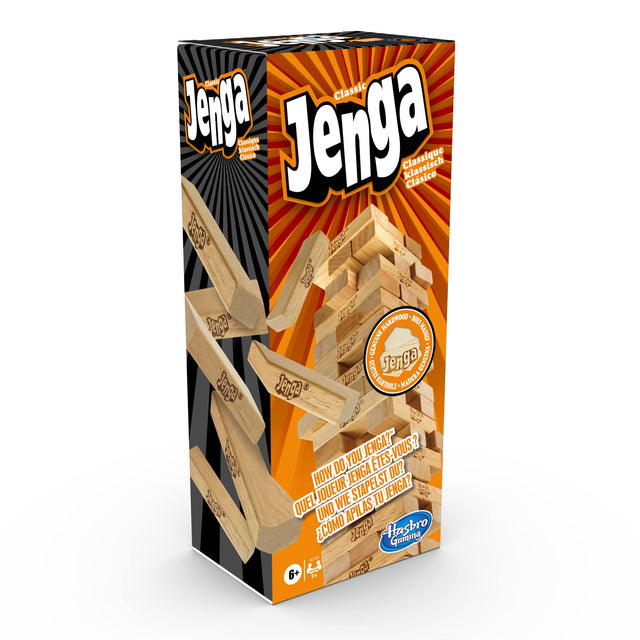 Hasbro Gaming Jenga Classic, doos voorkant met toren van houten blokken