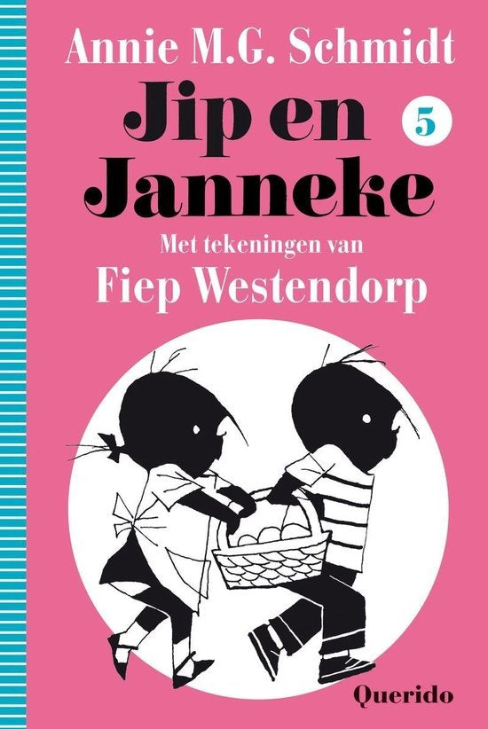 Jip en Janneke 5, Annie M.G. Schmidt, roze omslag met Jip en Janneke die samen een mand dragen, tweedehands
