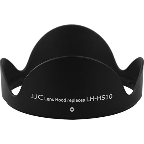 JJC LH-JHS10 zonnekap voor Fujifilm LH-HS10, zwarte tulpvormige zonnekap met opschrift JJC Lens Hood replaces LH-HS10