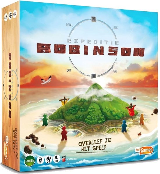 Just Games Expeditie Robinson bordspel, doos voorkant met eiland