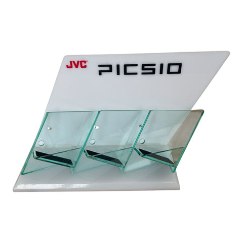 JVC Picsio vintage winkeldisplay met 3 groene acrylvakken en wit bord met logo, tweedehands