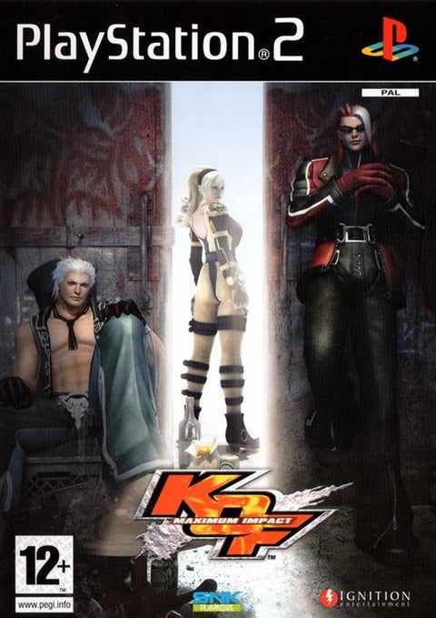 PlayStation 2 KOF Maximum Impact van Ignition, doos voorkant met drie vechters in een steeg, tweedehands