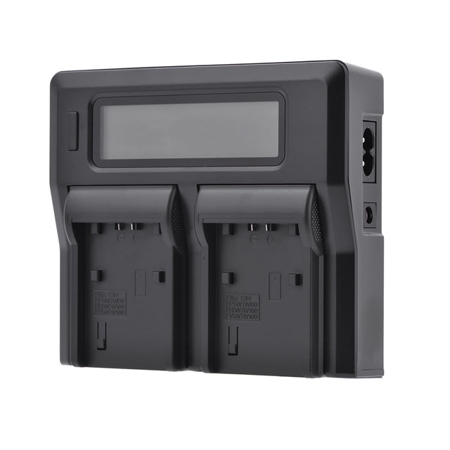 KingMa DC-LCD duo-lader voor Sony NP-FV100 en NP-FP90, zwart, voorkant met twee lege laadvakken en lcd-scherm