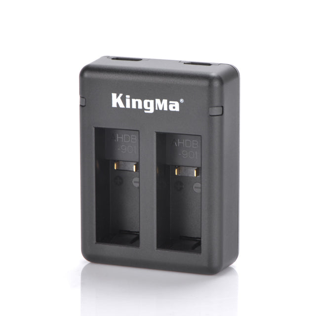 KingMa dubbele USB-lader voor GoPro HERO 9 en 10, zwart, voorkant met twee lege laadvakken