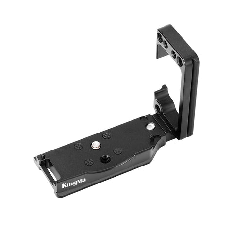 KingMa L-plate voor Canon EOS R8, zwart metaal, schuin van voren met zijplaat en KingMa-logo