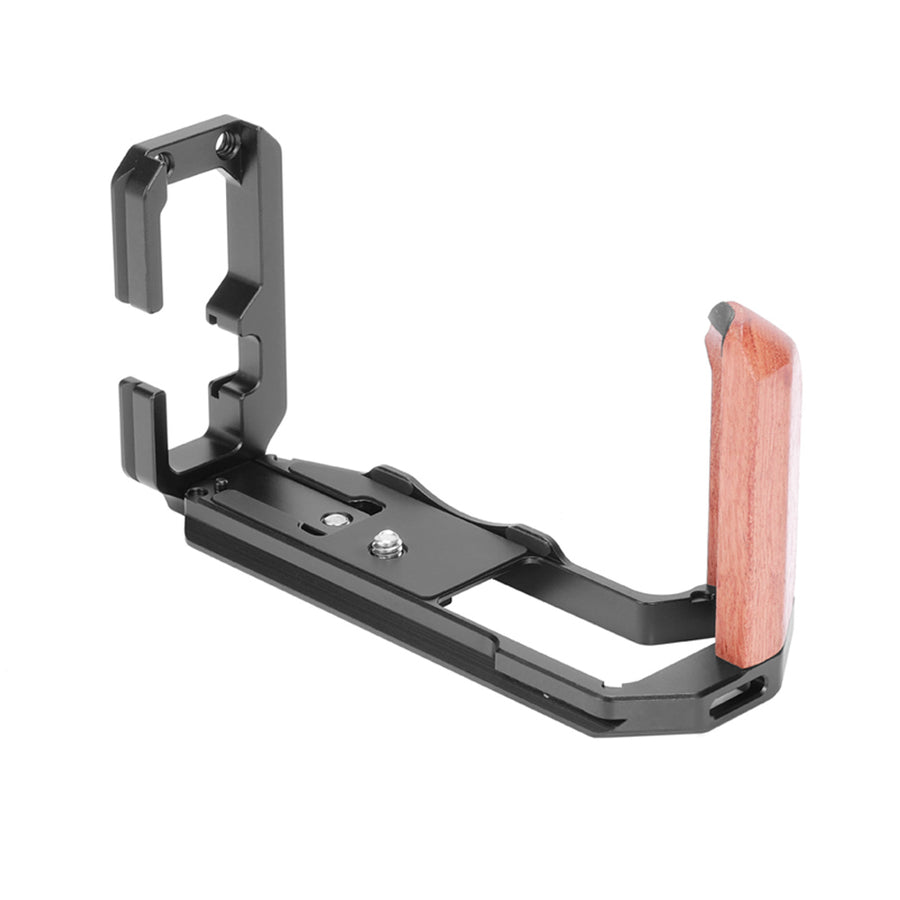 KingMa L-plate voor Fujifilm X-T5, zwart metaal met houten handgreep, schuin van voren