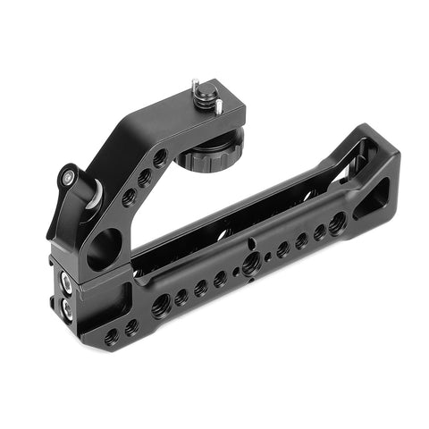 KingMa top handle grip 152 x 82 x 24 mm met coldshoe en 1/4 en 3/8 inch schroefgaten, zwart metaal, schuin van voren