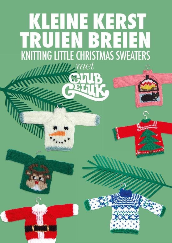 Kleine kersttruien breien, Marieke Voorsluijs, groene omslag met kleine gebreide truitjes aan dennentakken, tweedehands