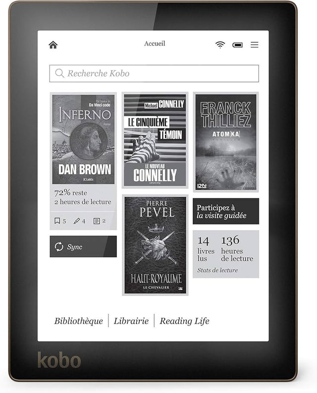 Kobo Aura e-reader 6 inch, zwart, voorkant met boekomslagen op het startscherm