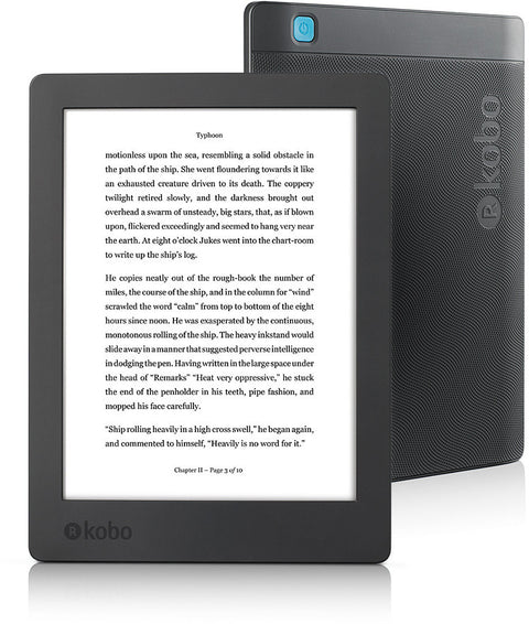 Kobo Aura H2O Edition 2 e-reader 6,8 inch, zwart, voor- en achterkant met tekstpagina op het scherm