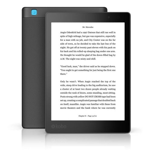 Kobo Aura One e-reader 7,8 inch, zwart, voorkant met boekpagina en achterkant met blauwe aan-knop, tweedehands
