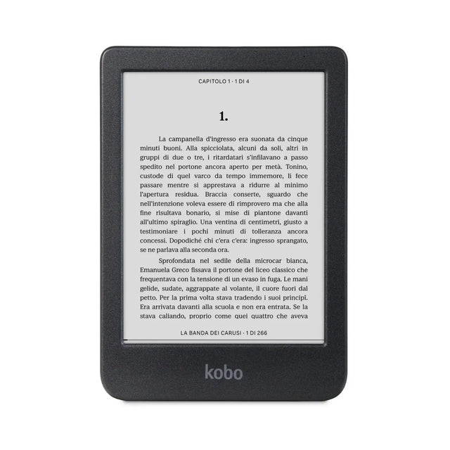 Kobo Clara BW e-reader 6 inch, zwart, voorkant met tekstpagina op het scherm