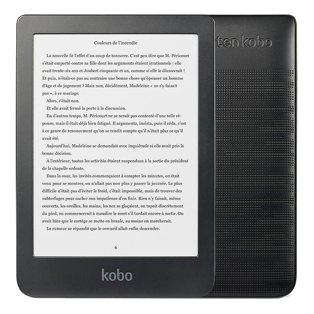 Kobo Clara HD e-reader 6 inch, zwart, voorkant met tekstpagina op het scherm, tweedehands