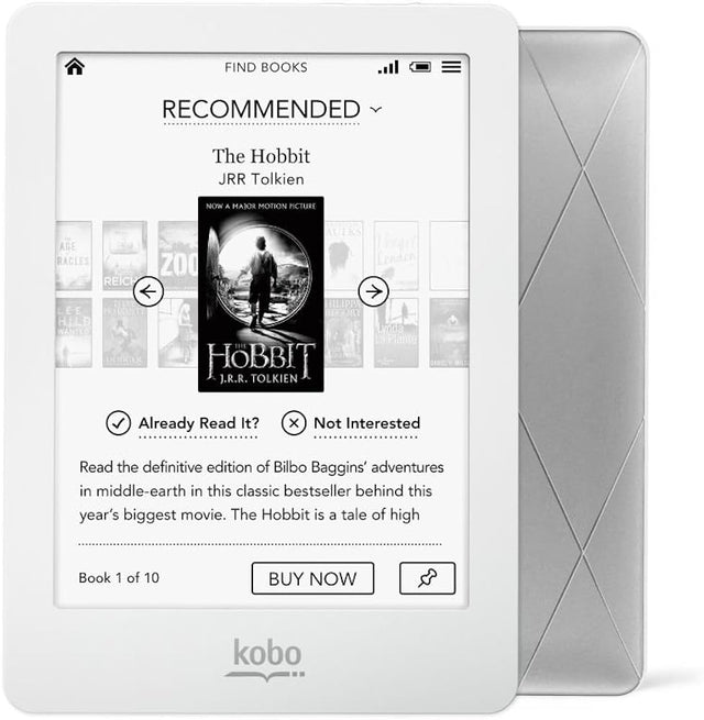 Kobo Glo e-reader 6 inch, wit met zilveren achterkant, voor- en achterkant met boekwinkel op het scherm