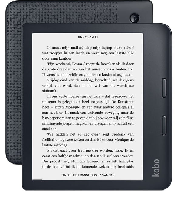 Kobo Libra 2 e-reader 7 inch 32 GB, zwart, voor- en achterkant met tekstpagina op het scherm