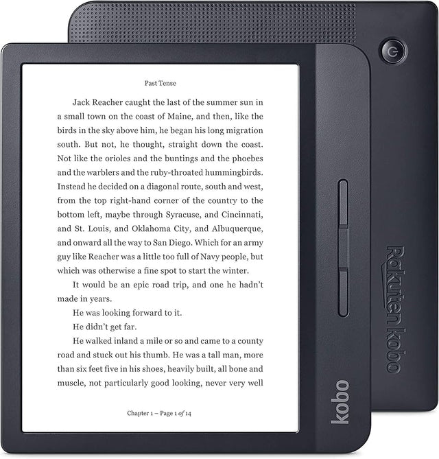 Kobo Libra H2O e-reader 7 inch, zwart, voor- en achterkant met tekstpagina op het scherm