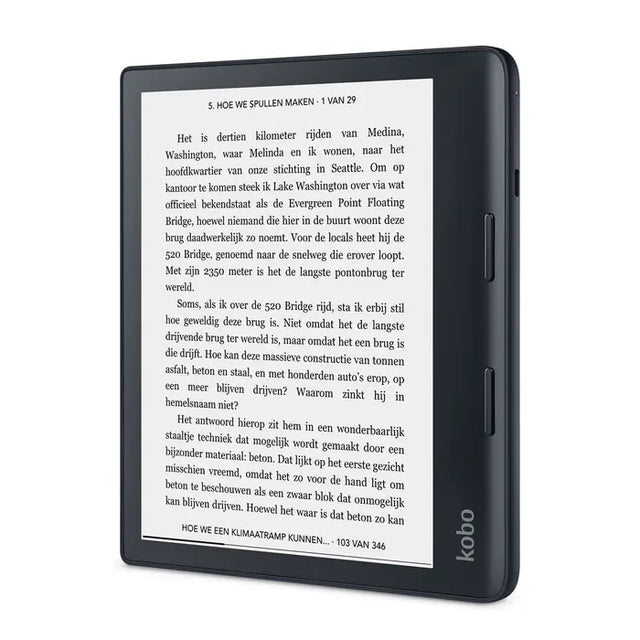 Kobo Sage e-reader 8 inch, zwart, schuin van voren met een boekpagina op het scherm