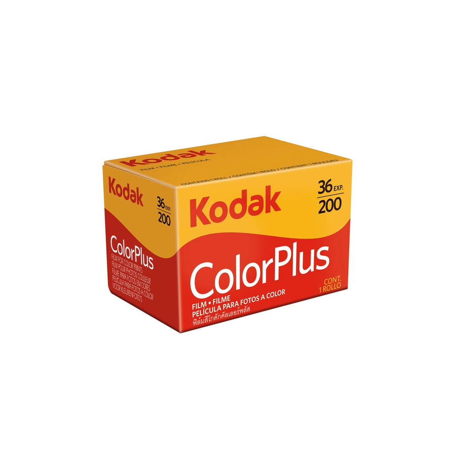 Kodak ColorPlus 200 kleurennegatieffilm 35 mm 36 opnamen, geel-rood doosje schuin van voren