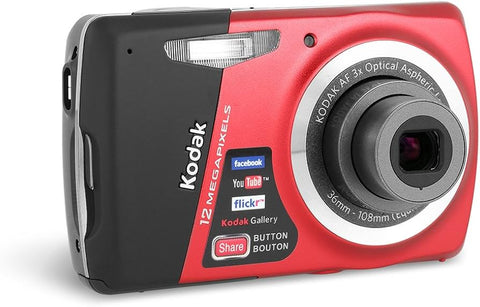 Kodak EasyShare M531 digitale compactcamera, rood met zwarte zijkant, voorkant met 3x zoomlens en Share-knop, tweedehands