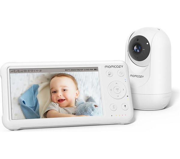 Momcozy video babyfoon 5 inch, wit, ouderunit met baby op het scherm naast de camera