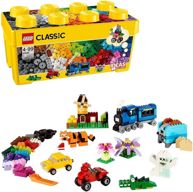 LEGO 10696 Classic Creatieve Medium Opbergdoos, gele doos met daaronder gebouwde voorbeelden