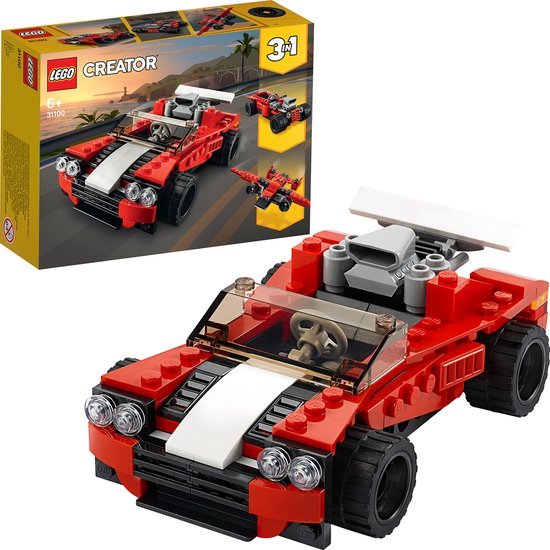 LEGO Creator Sportwagen 31100, doos voorkant en gebouwde rode sportwagen