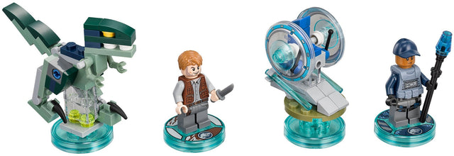 LEGO Dimensions Team Pack 71205 Owen Grady en ACU Trooper, de velociraptor, gyrosphere en minifiguren op toy tags