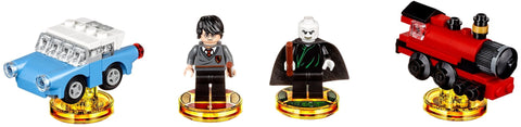 LEGO Dimensions Team Pack 71247 Harry Potter en Lord Voldemort, de auto, de trein en minifiguren op toy tags