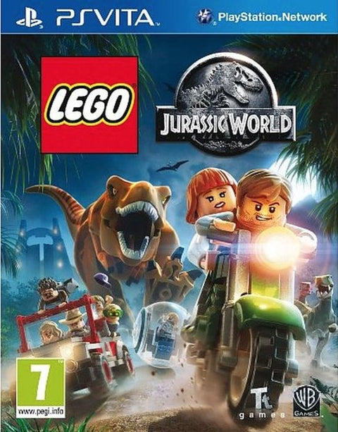 PlayStation Vita LEGO Jurassic World van Warner Bros, doos voorkant met een T-rex en een motor, tweedehands