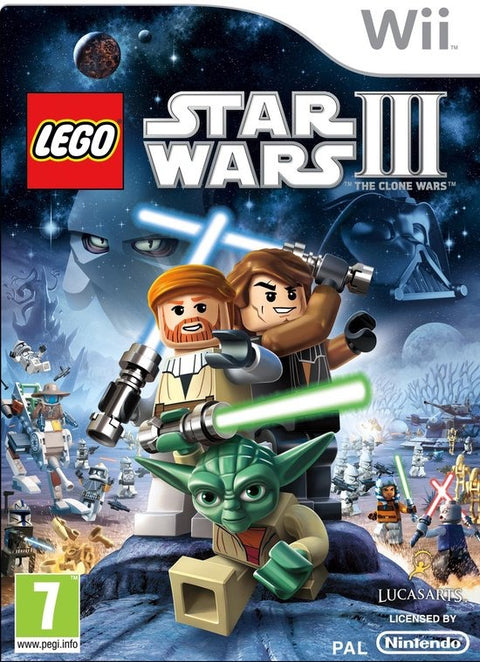 Nintendo Wii LEGO Star Wars III The Clone Wars van LucasArts, doos voorkant met LEGO-Yoda en lichtzwaarden, tweedehands