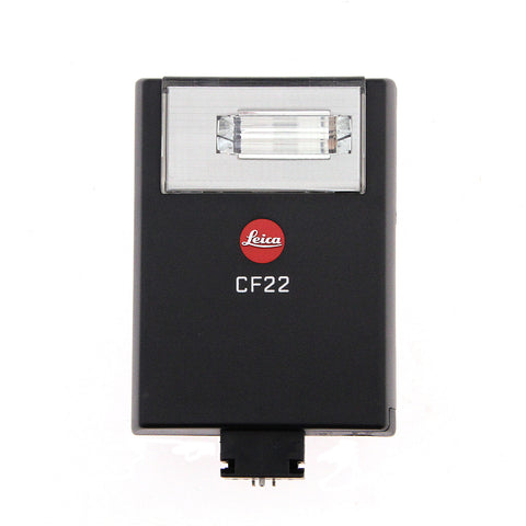 Leica CF 22 compacte flitser, zwart, voorkant met flitsvenster en rood Leica-logo, tweedehands