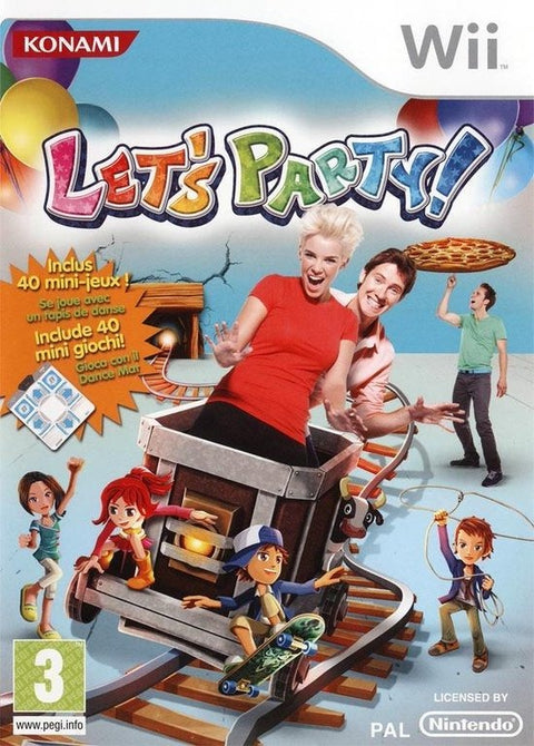 Nintendo Wii Let's Party van Konami, 40 minispellen, doos voorkant met Franse en Italiaanse sticker, tweedehands