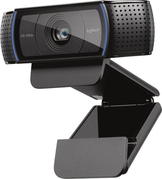 Logitech C920 Full HD Pro webcam 1080p, zwart, schuin van voren op de klem