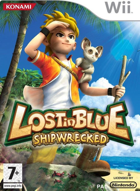 Nintendo Wii Lost in Blue Shipwrecked van Konami, doos voorkant met jongen en klein dier op een strand, tweedehands