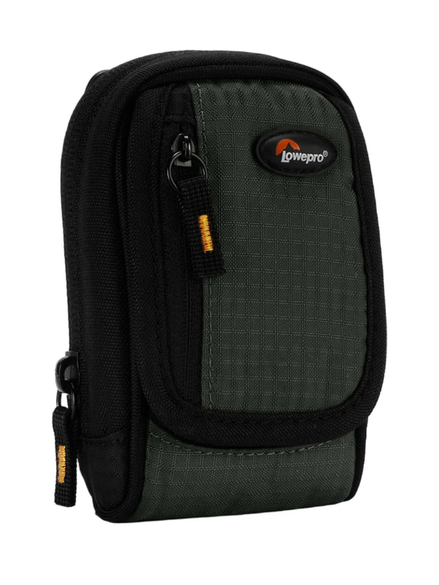 Lowepro compact camera case, zwart met groen, tasje met rits en Lowepro-logo van voren, tweedehands