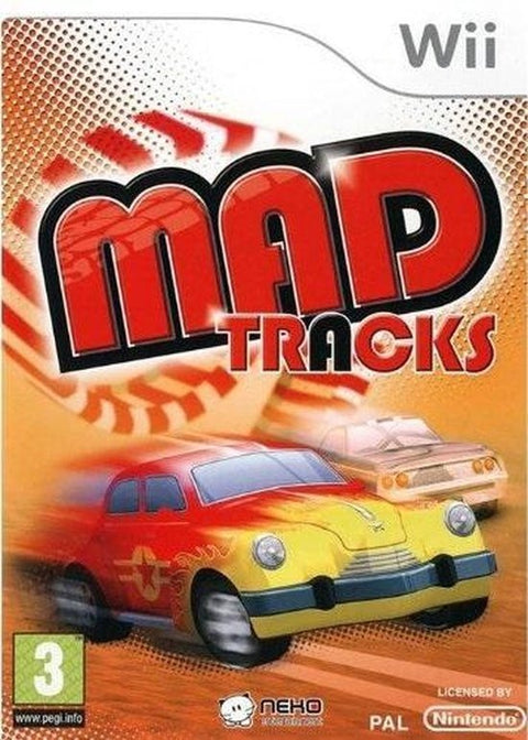 Nintendo Wii Mad Tracks van Neko, racespel, doos voorkant met gele speelgoedauto met vlammen, tweedehands