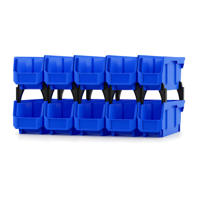 Set van 10 blauwe magazijnbakken met zwarte koppelstukken, gestapeld tot een wand van 5 breed en 2 hoog