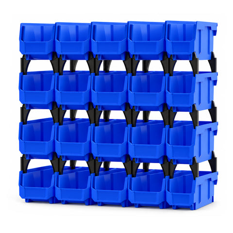 Set van 20 blauwe magazijnbakken met zwarte koppelstukken, gestapeld tot een wand van 5 breed en 4 hoog