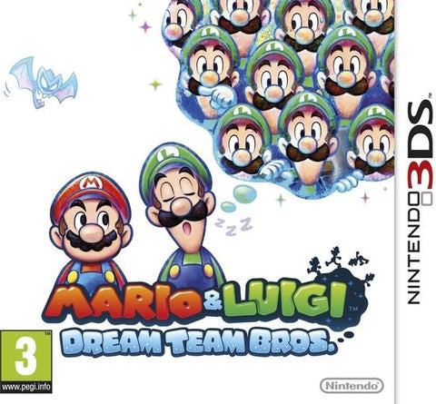 Nintendo 3DS Mario & Luigi Dream Team Bros. van Nintendo, doos voorkant met Mario en een slapende Luigi, tweedehands