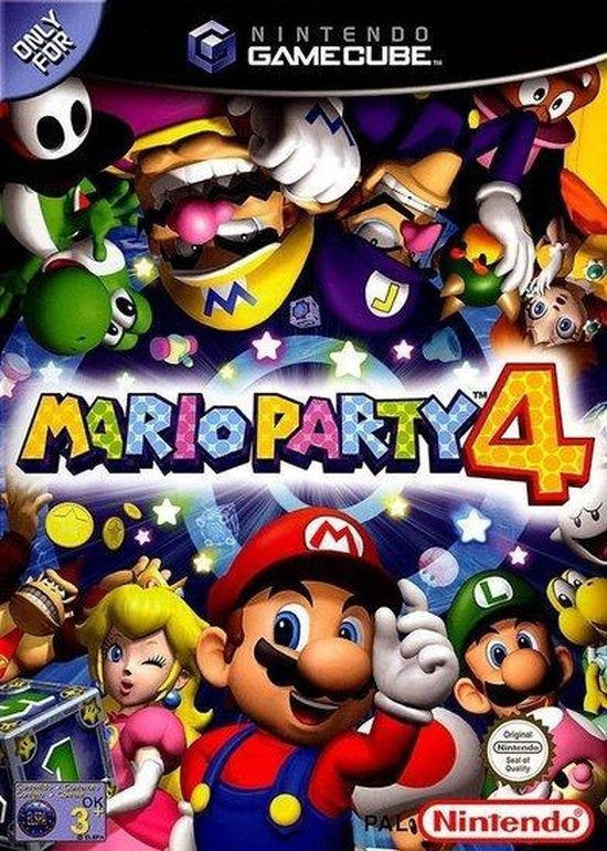 Nintendo GameCube Mario Party 4, doos voorkant met Mario, Luigi, Peach en Wario, tweedehands