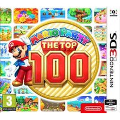 Nintendo 3DS Mario Party The Top 100 van Nintendo, doos voorkant met Mario en een gouden 100, tweedehands