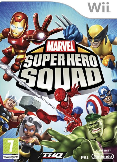 Nintendo Wii Marvel Super Hero Squad van THQ, lichtblauwe doos voorkant met Iron Man, Hulk en Spider-Man, tweedehands