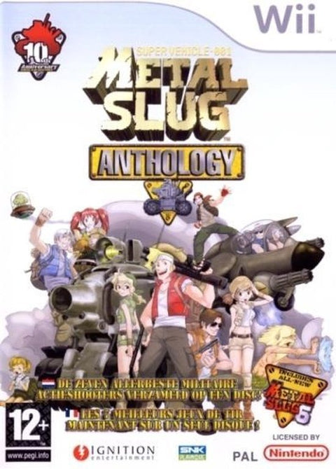 Nintendo Wii Metal Slug Anthology van SNK en Ignition, 7 arcadeklassiekers, doos voorkant met soldaten en tank, tweedehands